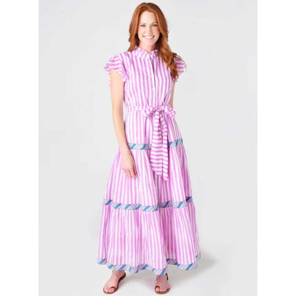 Oliphant Ruffle Collar Button Maxi Midi Dress Pink Stripe Cotton Tuckernuck
